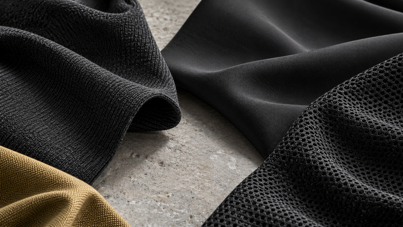Black and charcoal jersey, technical knit and mesh fabric swatches on a grey surface