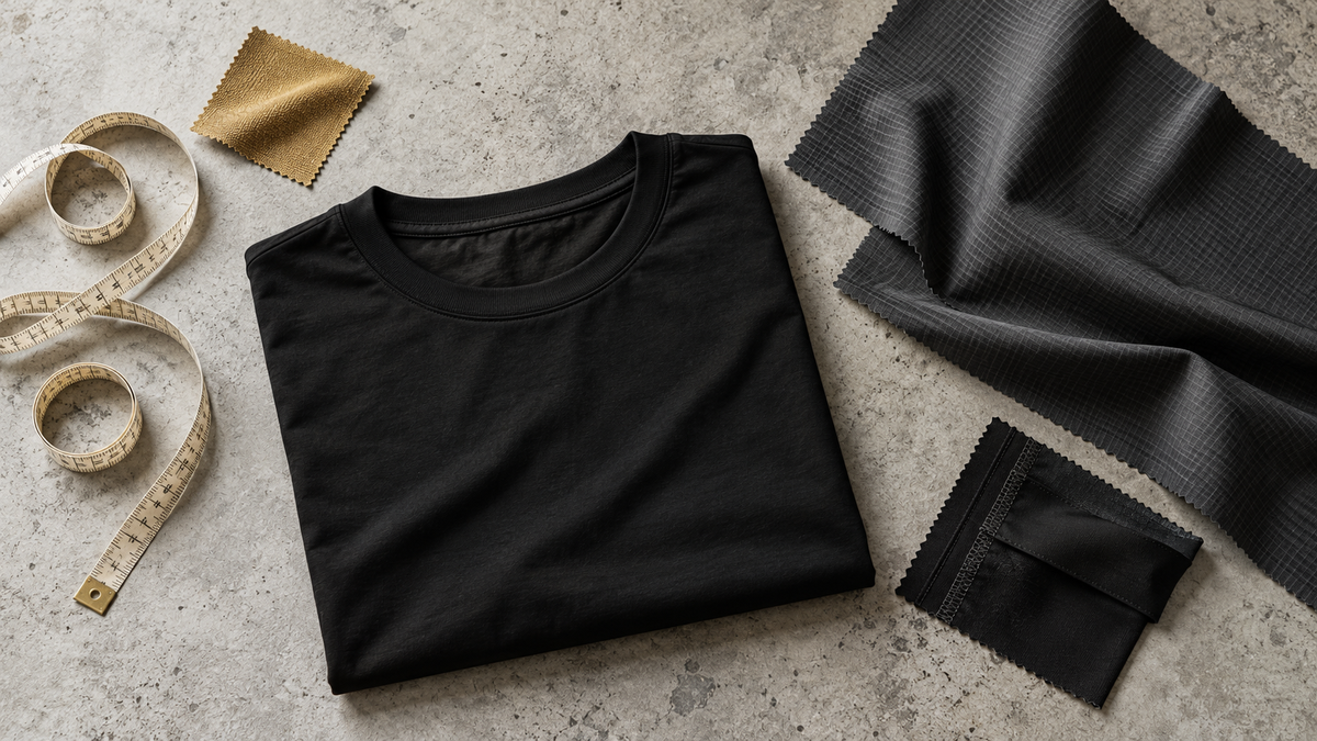 Black tee, fabric swatches, seam sample and measuring tape arranged on grey concrete