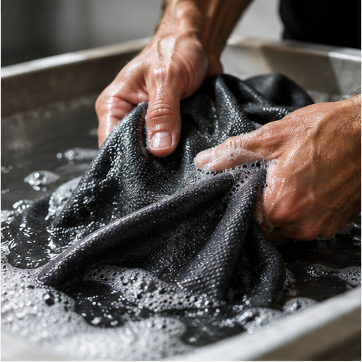 Hands washing black technical performance fabric