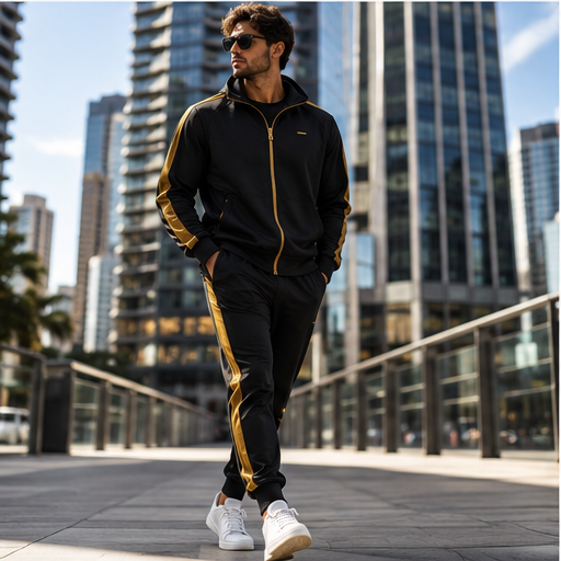 Man styling a black and gold matching tracksuit