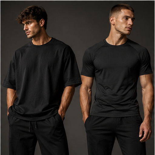 Comparison of oversized box cut tee and fitted technical tee