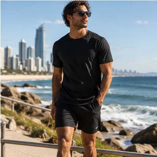 Man in lightweight black tee and shorts on Gold Coast