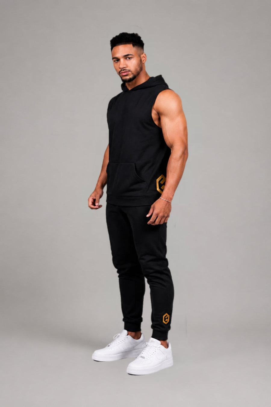 LGLGFG Volt sleeveless hoodie front view - mens cotton Urban Athletis Wear relaxed fit hoodie