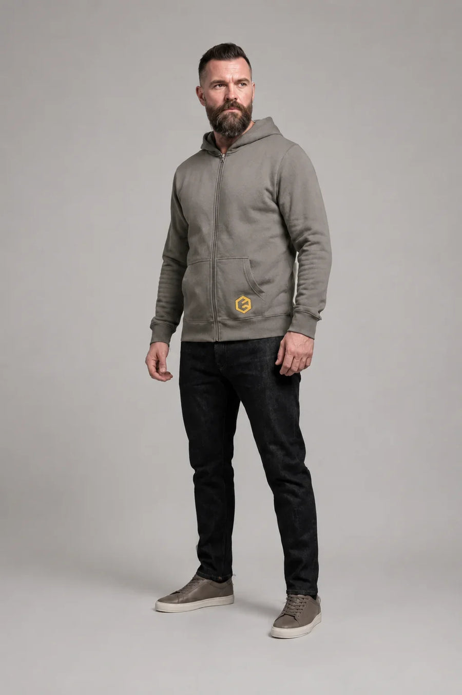 LGLGFG Static zip-up hoodie front view in washed grey