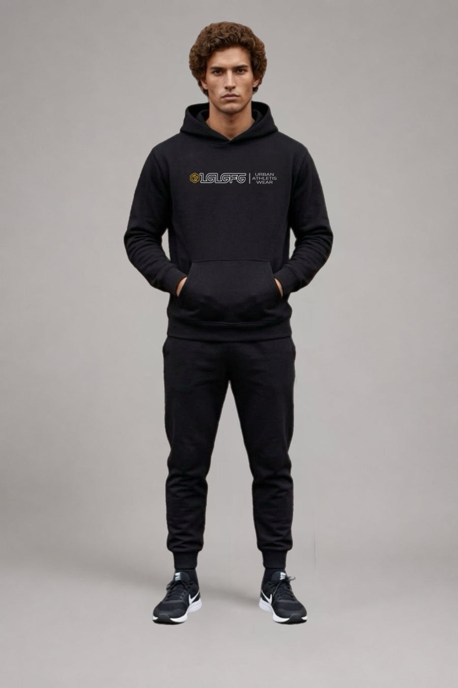 LGLGFG Foundation pullover hoodie front view in faded black - mens cotton polyester fleece Urban Athletis Wear hoodie