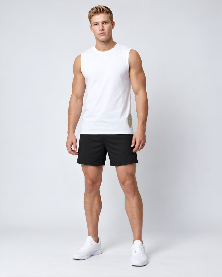 LGLGFG Arc Tank in White worn by model, full length third angle