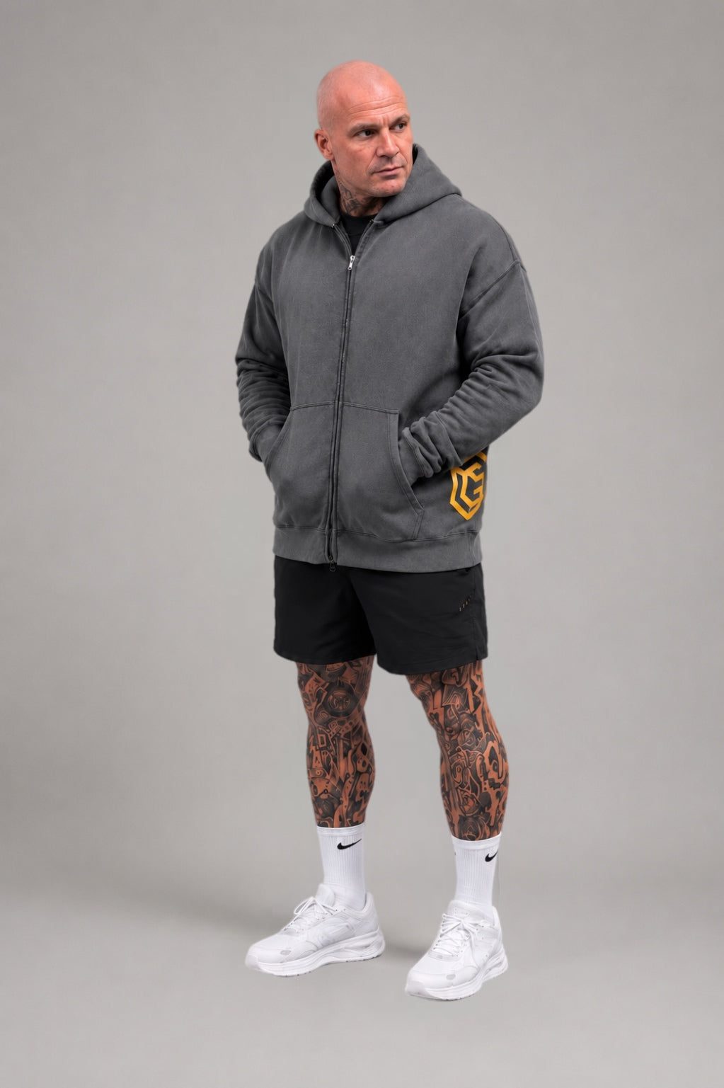 LGLGFG Tenet zip up hoodie front view in washed black - mens cotton polyester fleece Urban Athletis Wear hoodie