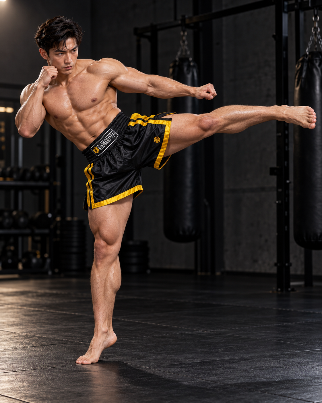 Barefoot athlete performing a kick in black Calibra combat shorts with gold panels