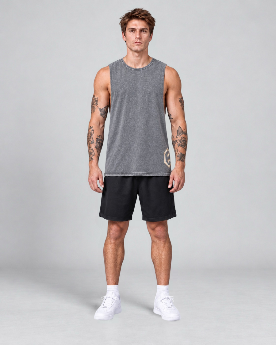 LGLGFG Keystone Sleeveless Tank in Ash Stone worn by model, full length second angle