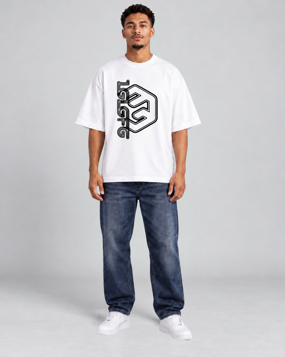 LGLGFG Legacy T in White worn by model, full length second angle