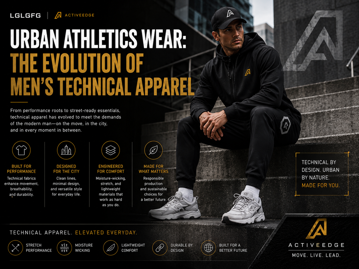 LGLGFG urban athletis men blog image showing black performance streetwear in a city setting with training-inspired everyday style.