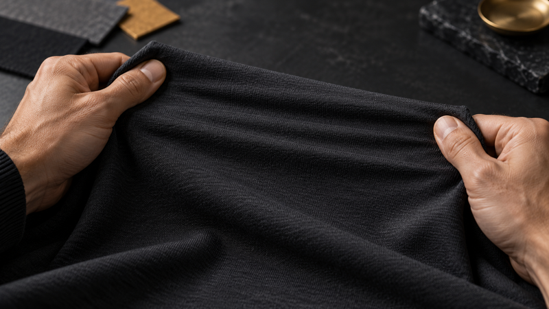 Hands gently stretching a charcoal knit fabric sample across a dark studio table