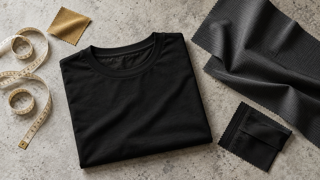Black tee, fabric swatches, seam sample and measuring tape arranged on grey concrete