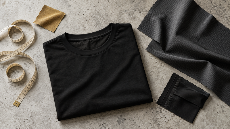 Black tee, fabric swatches, seam sample and measuring tape arranged on grey concrete
