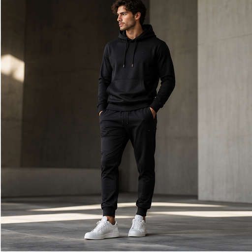 Man wearing a black fitted hoodie and joggers