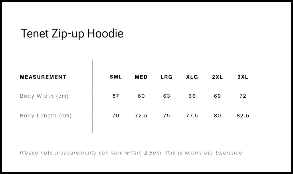 Size chart for Tenet Zip-up Hoodie showing measurements in centimeters for various sizes.