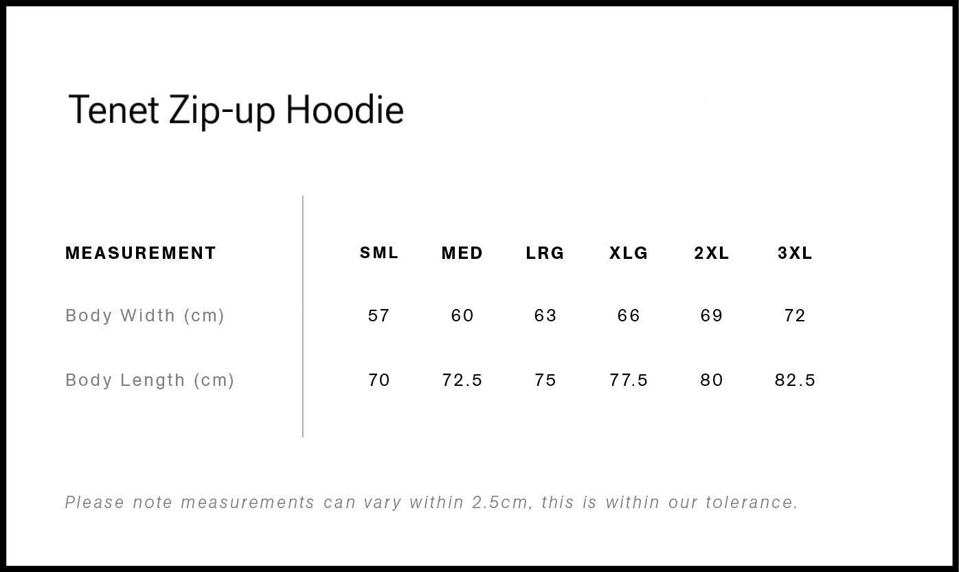 Size chart for Tenet Zip-up Hoodie showing measurements in centimeters for various sizes.