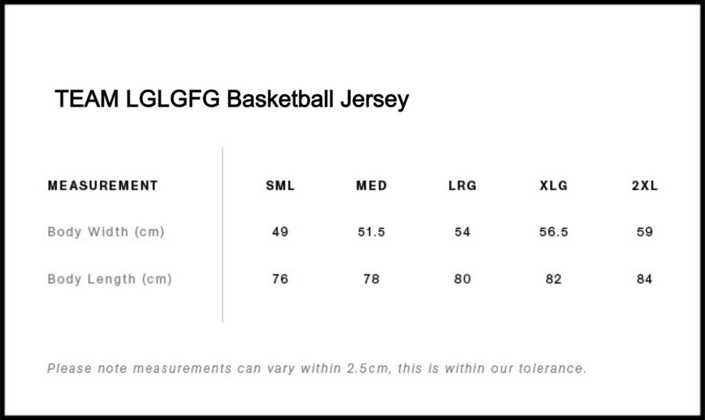 Size chart for TEAM LGLGFG Basketball Jersey with measurements in centimeters.