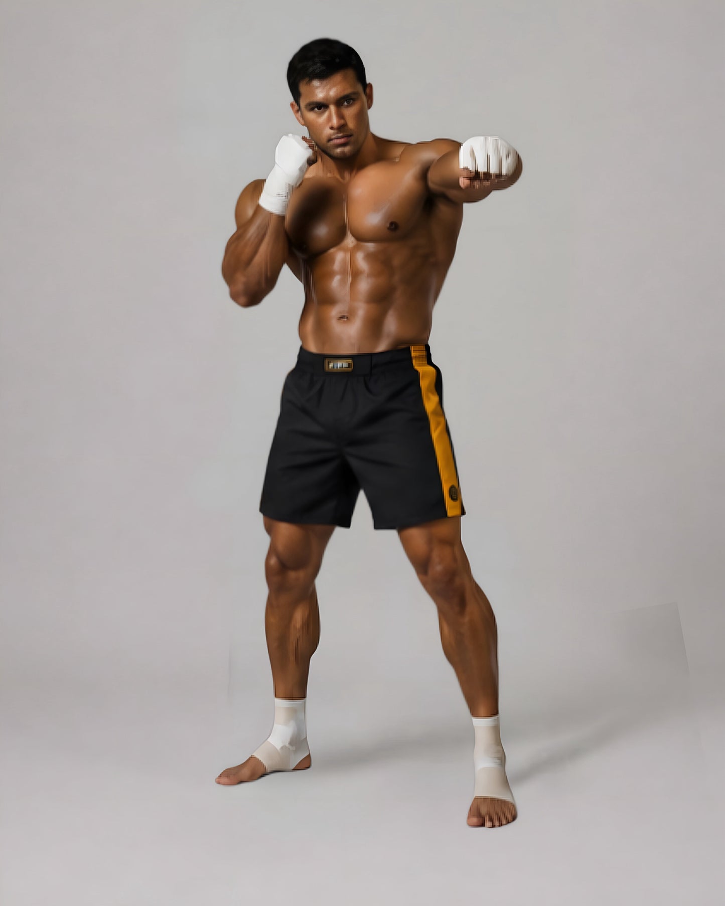 Split-seam thigh detail on LGLGFG Calibra MMA shorts - mens technical apparel