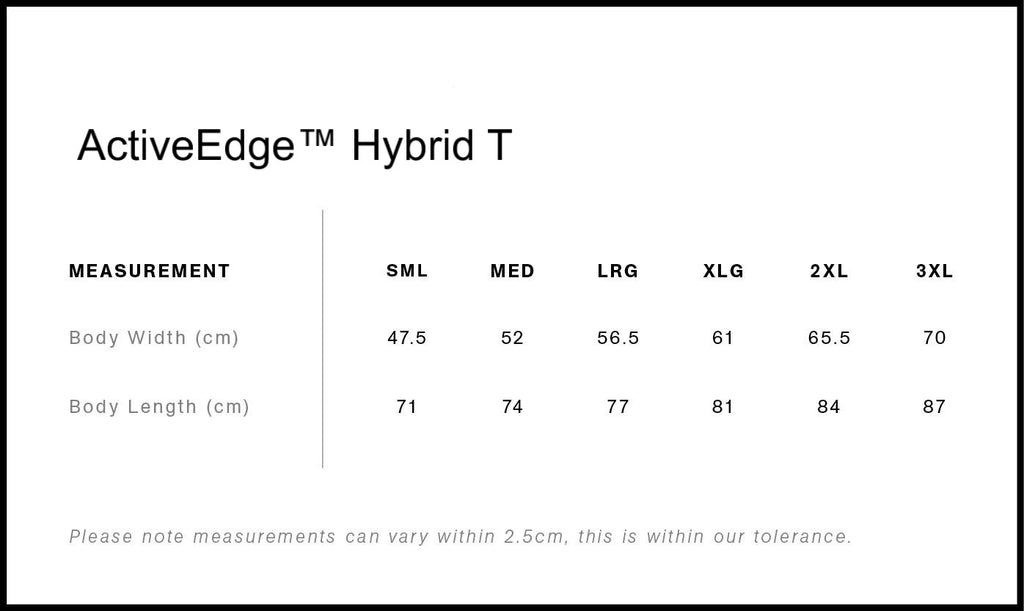 Size chart for ActiveEdge Hybrid T with measurements in centimeters