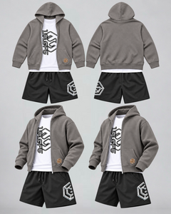 LGLGFG Trio Kit, White tee, Black shorts and Faded Grey zip up hoodie. Men's three piece set