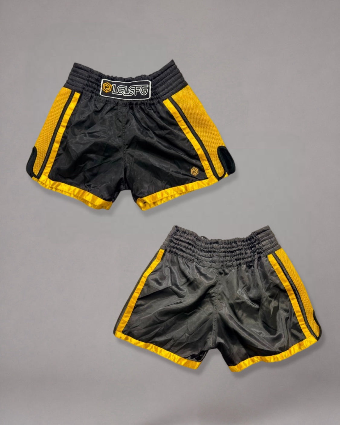 LGLGFG Calibra Muay Thai shorts flat lay - mens street performance clothing