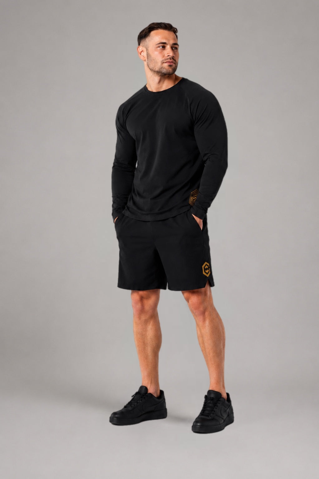 LGLGFG Resonance long sleeve tee front view in black - mens recycled polyester Urban Athletis Wear tee