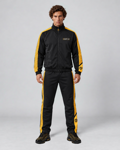 LGLGFG Calibra tracksuit in black with gold trim, model front view
