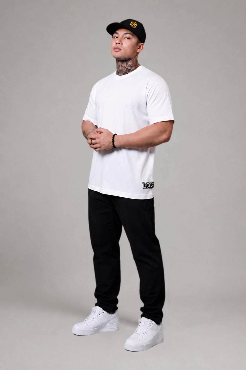 LGLGFG Catalyst T box cut front view in white - mens combed cotton Urban Athletis Wear tee
