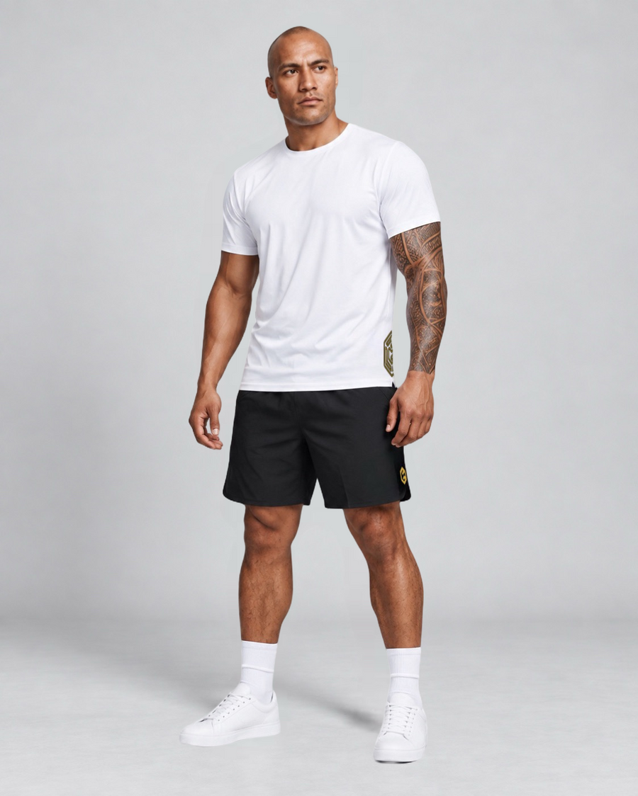 LGLGFG 2 Pac Kit in White and Black worn by model, full length third angle