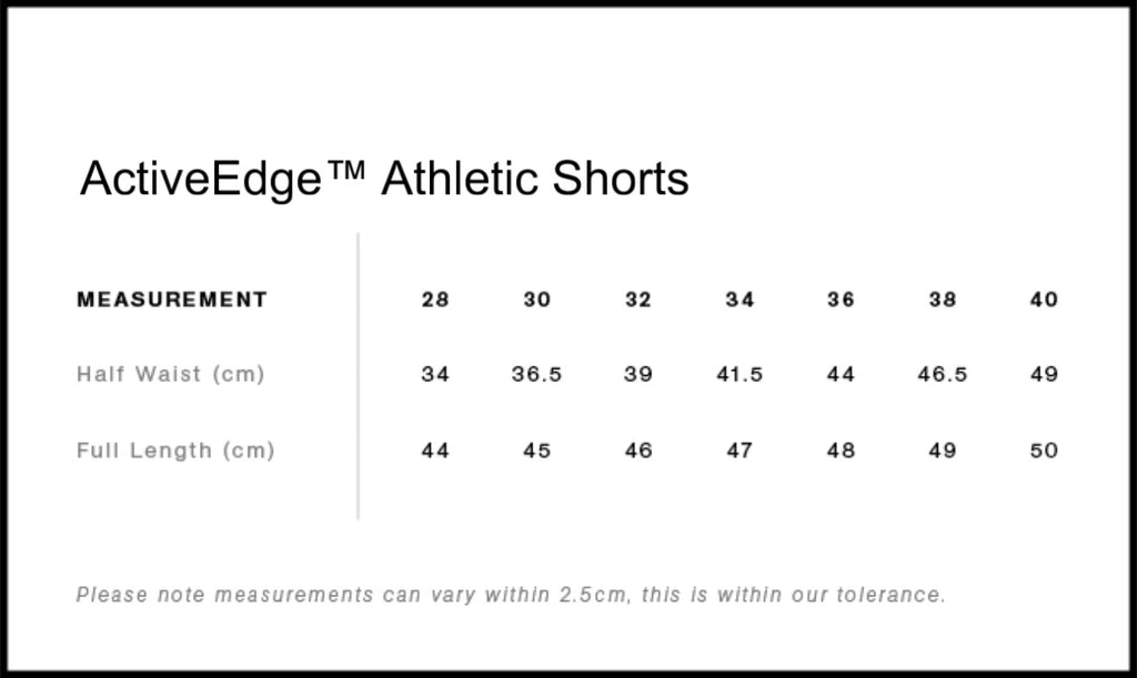 Measurement chart for ActiveEdge Athletic Shorts with waist and length dimensions.