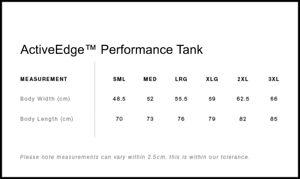 Measurement chart for ActiveEdge Performance Tank in various sizes.