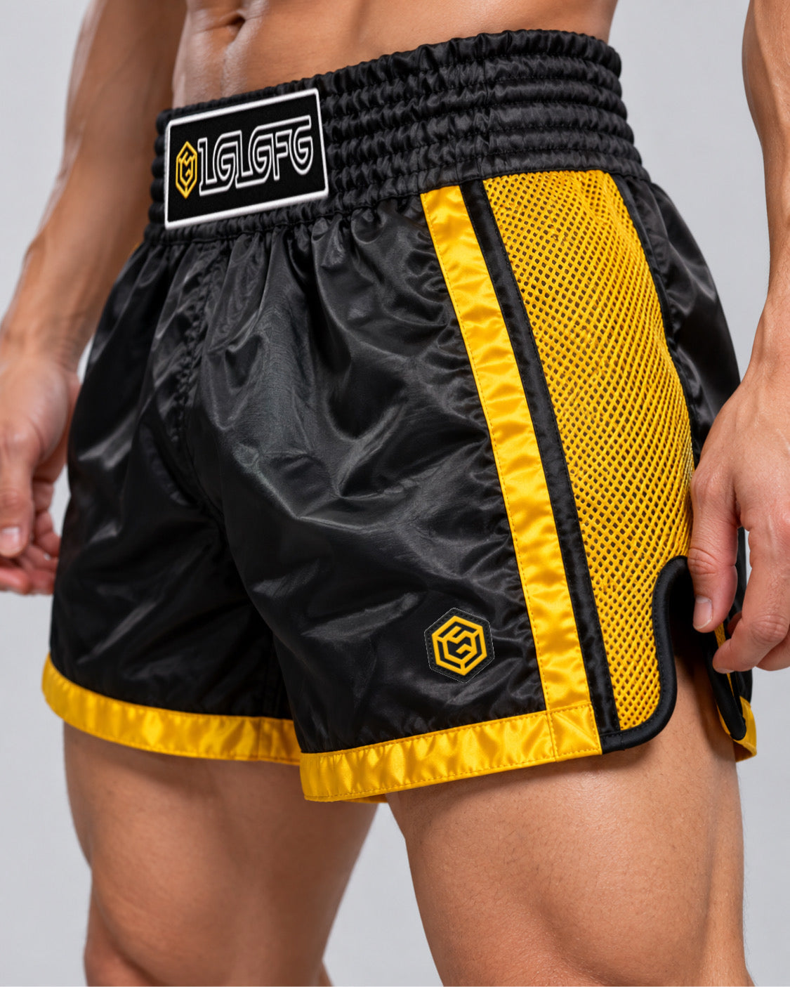 LGLGFG Calibra Muay Thai shorts, curved hem and side trim detail