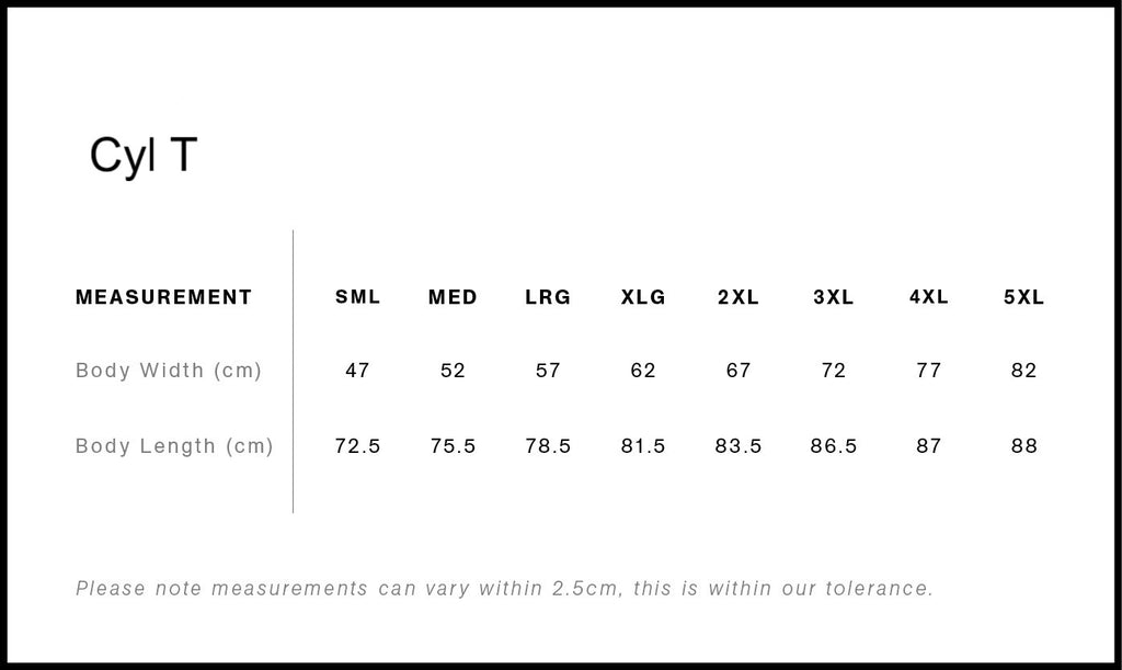 Measurement chart for 'Cyl T' product showing body width and length in centimeters for various sizes.