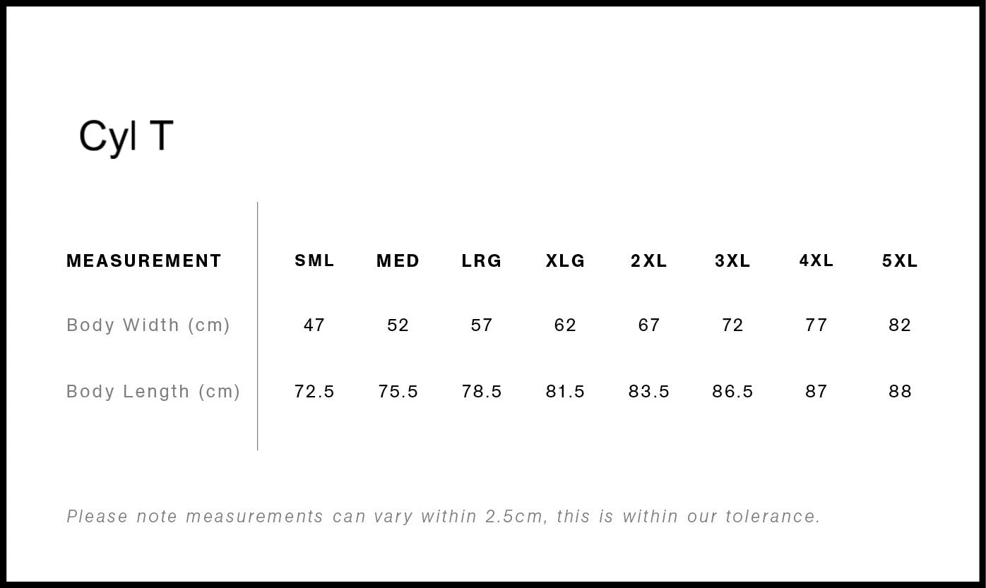 Measurement chart for 'Cyl T' product showing body width and length in centimeters for various sizes.