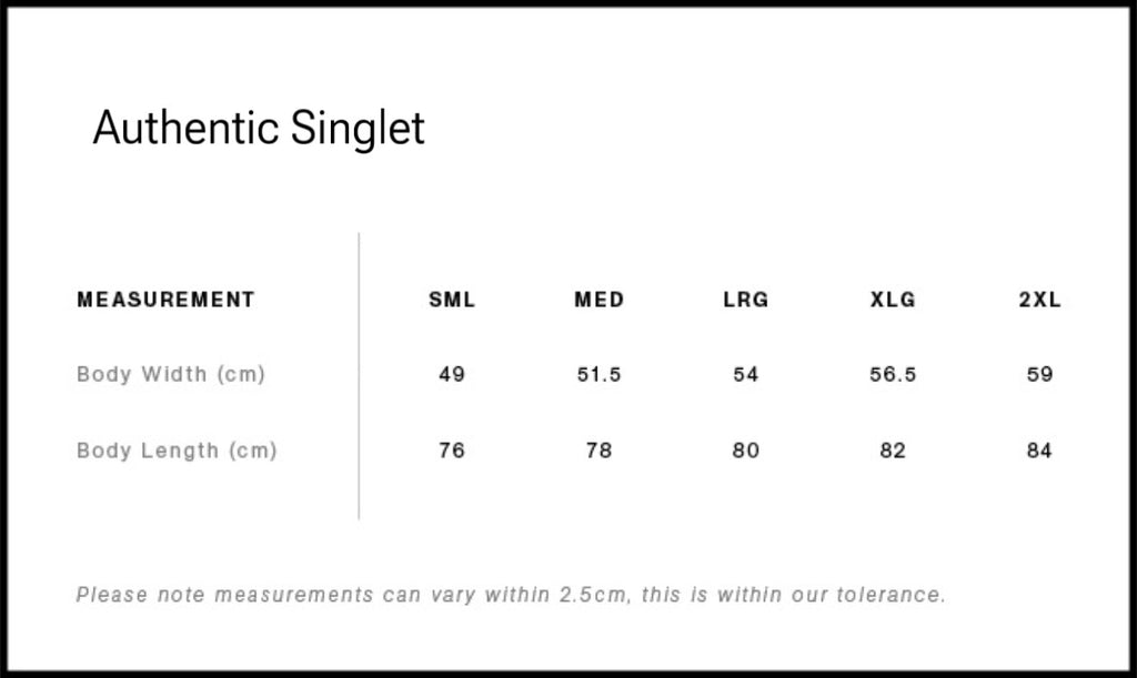 Size chart for an 'Authentic Singlet' with measurements in centimeters.
