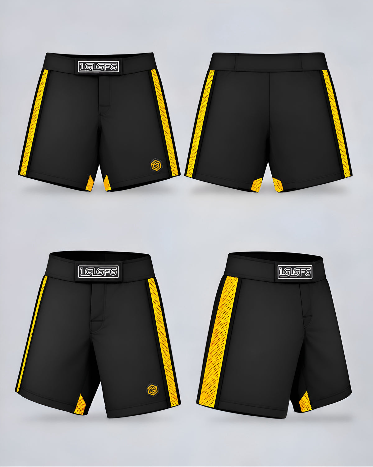 LGLGFG Calibra MMA shorts in black and gold, front and back product views