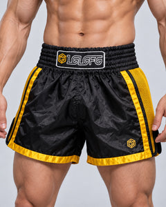 LGLGFG Calibra Muay Thai shorts, gold-trimmed front and waistband detail