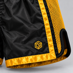 LGLGFG Calibra Muay Thai shorts, gold side trim and logo detail