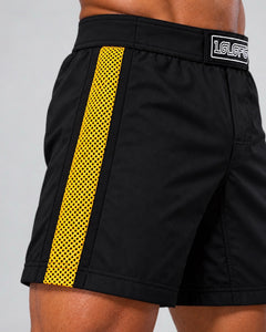 LGLGFG Calibra MMA shorts, gold side panel detail
