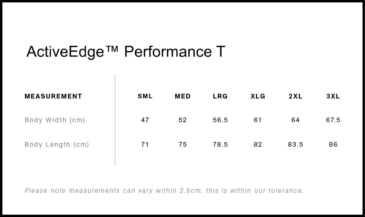 Size chart for ActiveEdge Performance T shirts with measurements in centimeters.