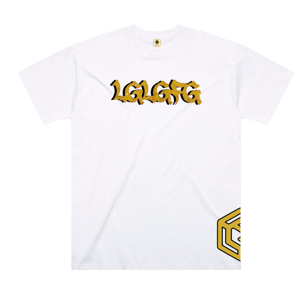 White t-shirt with yellow text and logo on a white background