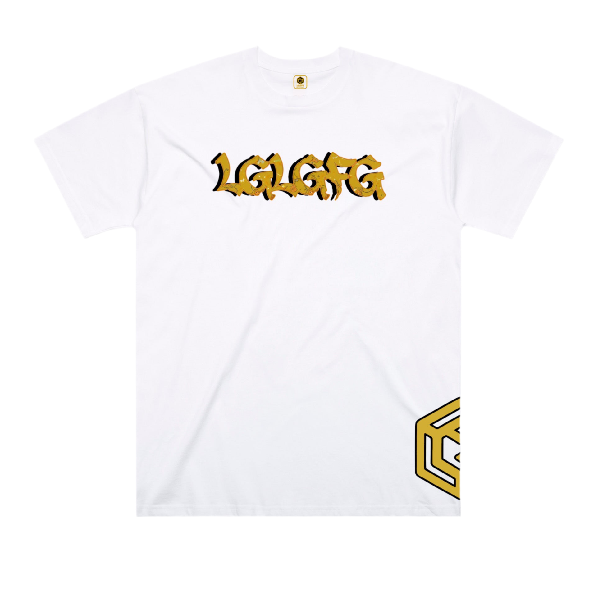 White t-shirt with yellow text and logo on a white background