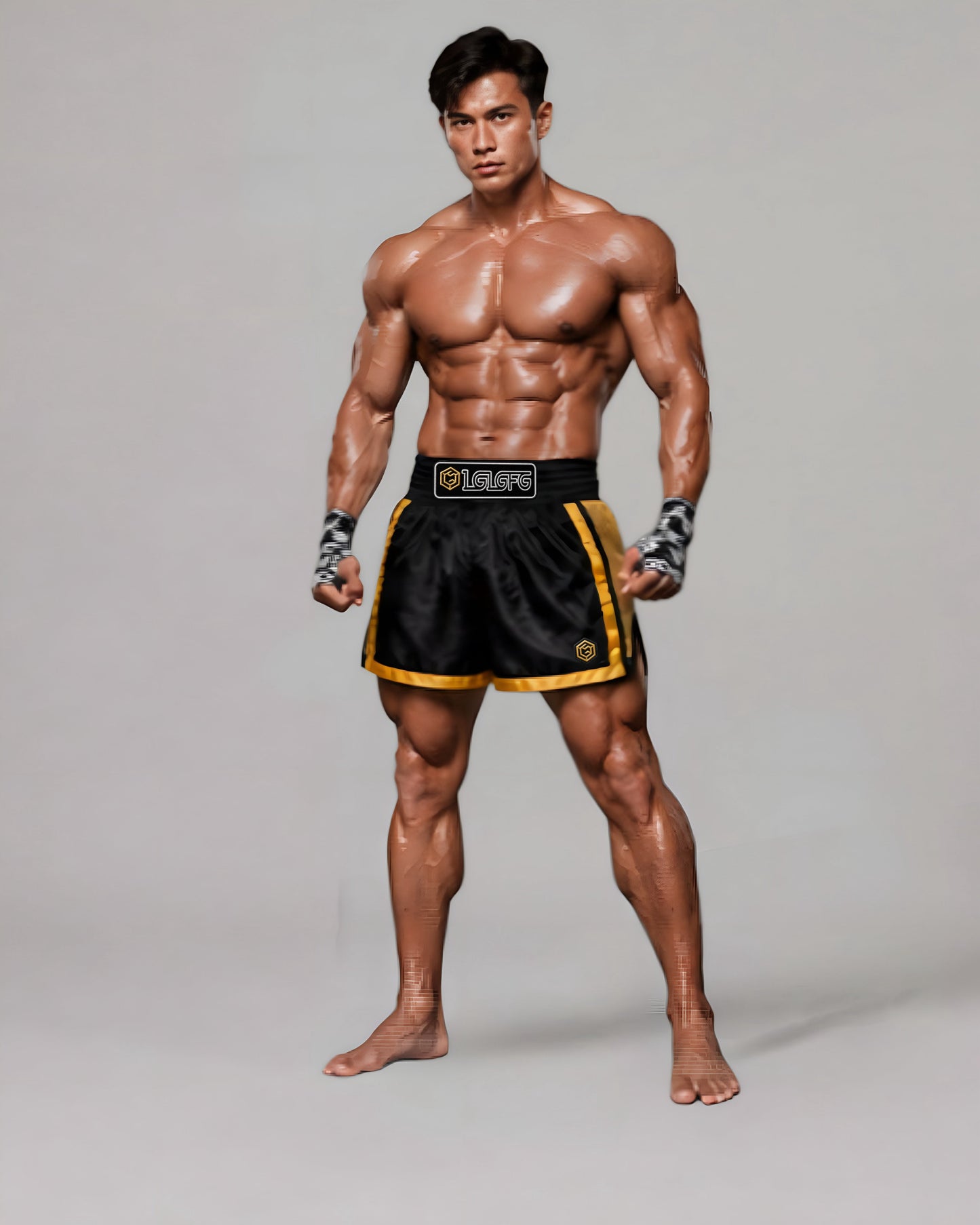 LGLGFG Calibra Muay Thai shorts front view - mens polyester spandex ActiveEdge combat shorts Urban Athletis Wear