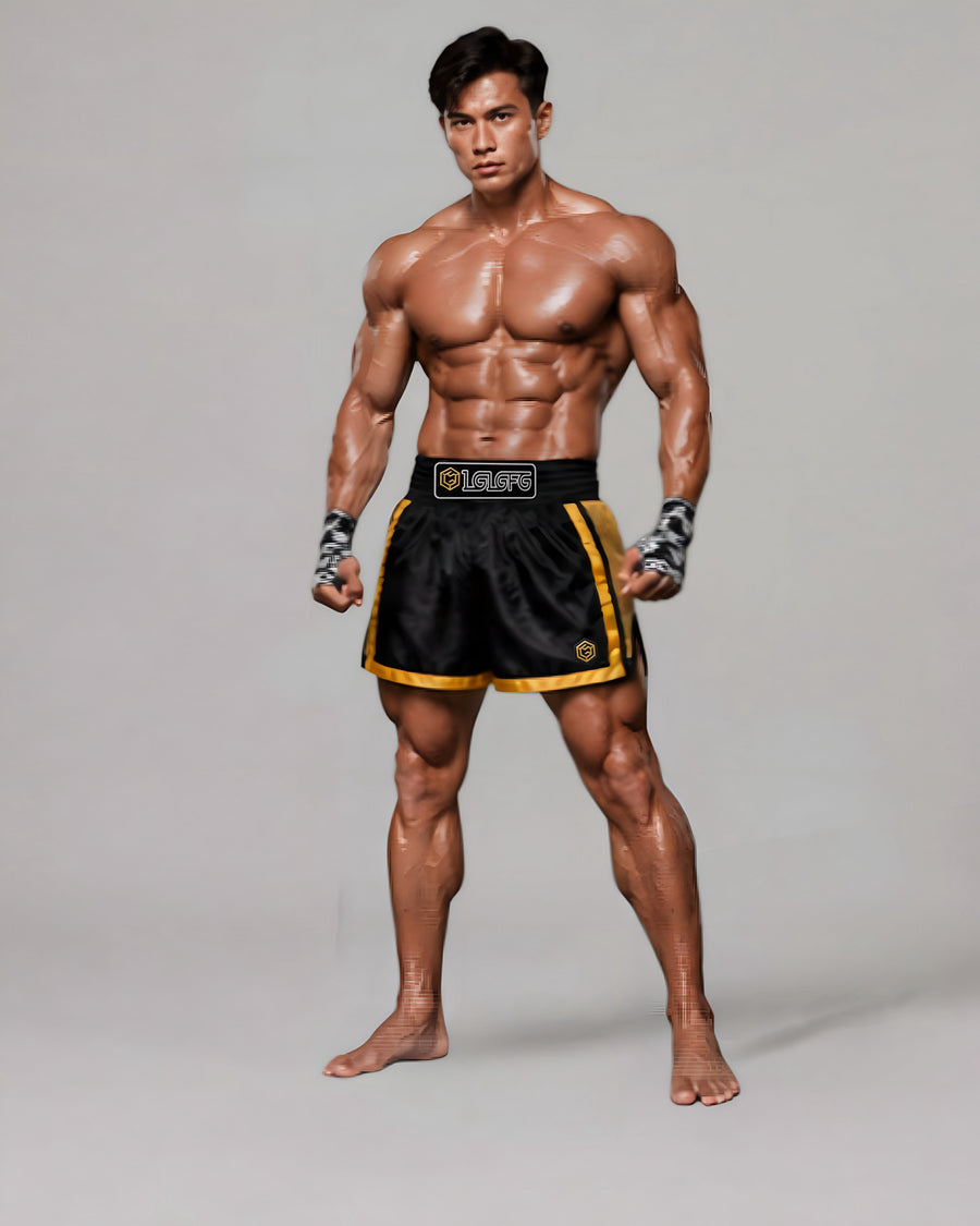 LGLGFG Calibra Muay Thai shorts front view - mens polyester spandex ActiveEdge combat shorts Urban Athletis Wear