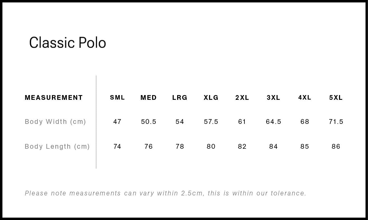 Measurement chart for a classic polo shirt with size ranges and dimensions.