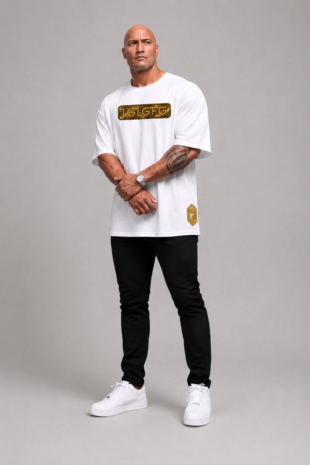 LGLGFG Bullion T box cut front view in white - mens combed cotton Urban Athletis Wear tee
