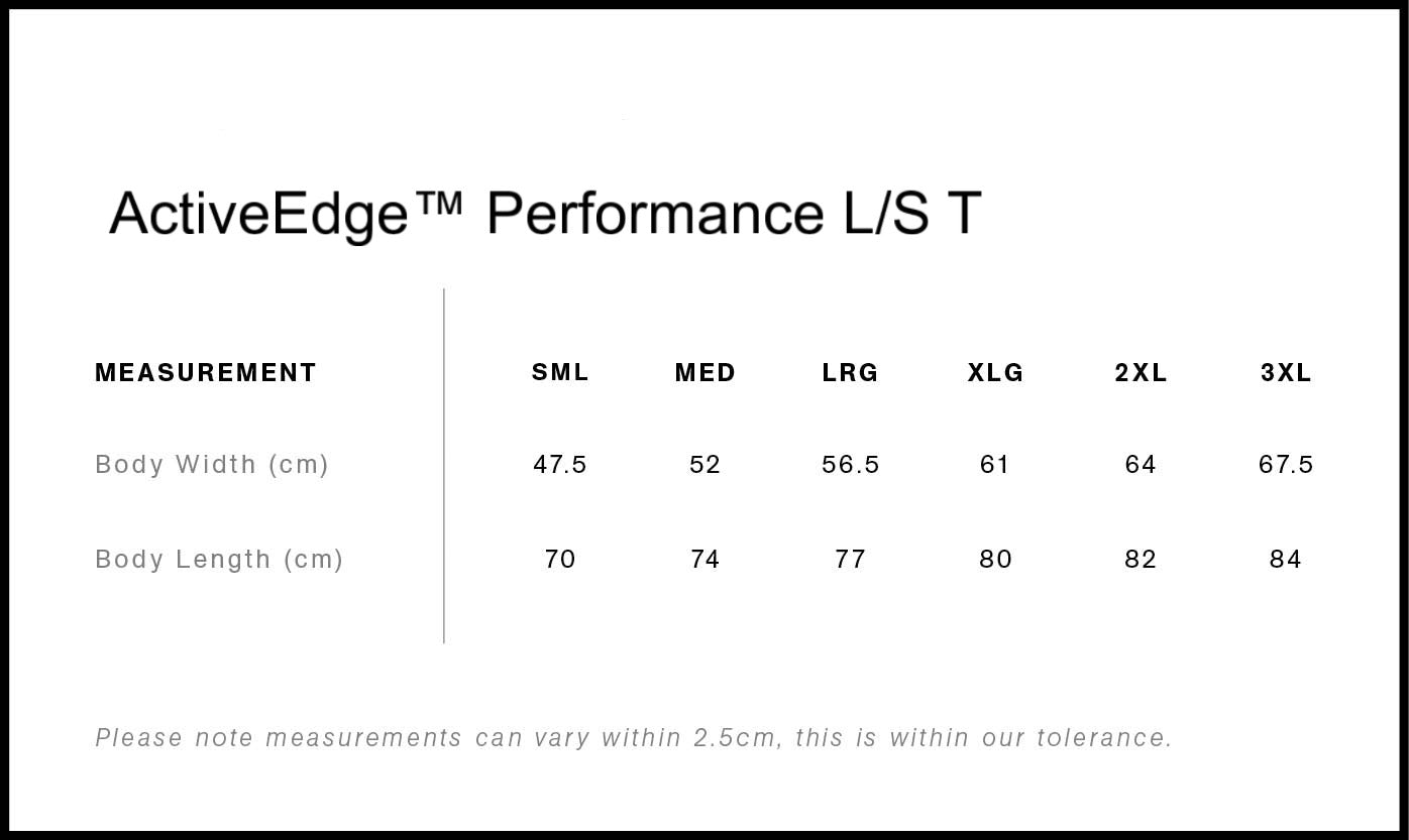 Size chart for ActiveEdge Performance L/S T shirt with measurements in centimeters.