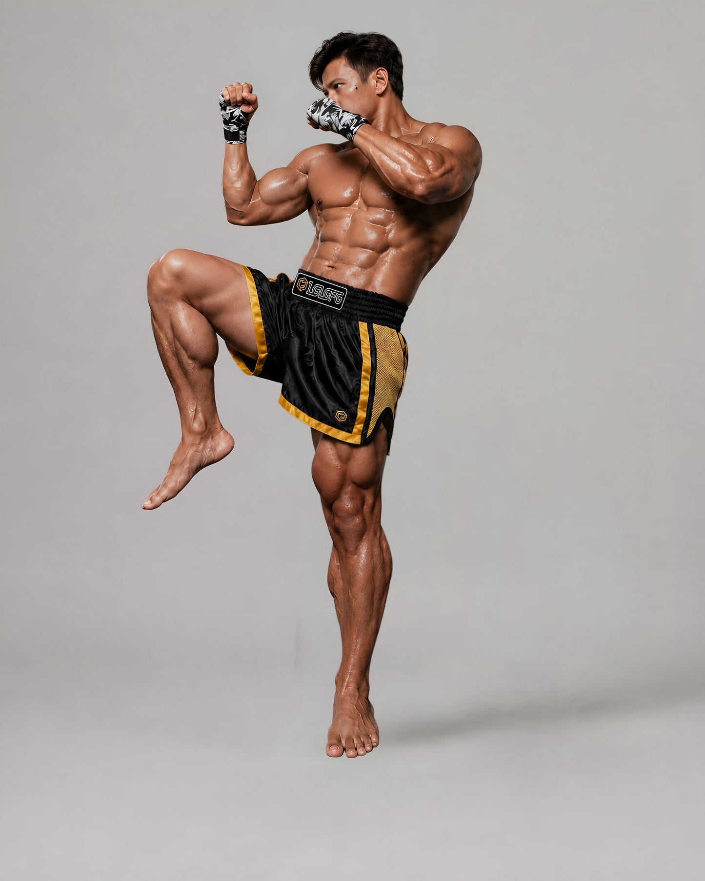 Inner leg venting detail on LGLGFG Calibra Muay Thai shorts - mens technical apparel