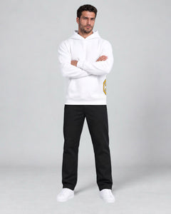 LGLGFG Static pullover hoodie in white, model standing with arms crossed